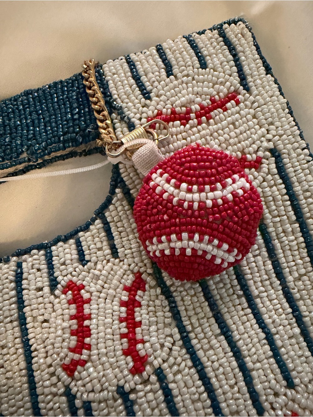 Beaded Baseball Print Crossbody - Blue, Red & Cream with red baseball bag charm - Picture 5 of 8